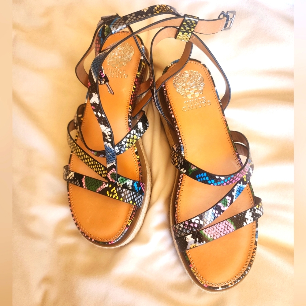 Vince Camuto Aevie Snake Print Leather Strappy Wedge Espadrille Sandals Multi